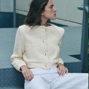 Zara Cream Bouclé Collarless Jacket with Gold Buttons